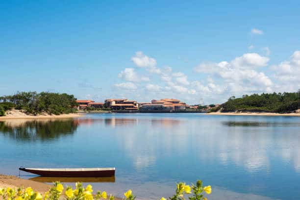 Calm lake with a small boat by the shore, yellow flowers in the foreground, and a resort across the water in the distance.